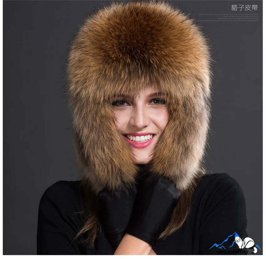 Россия,, модная зимняя шапка-бомбер из меха енота и лисы с ушками для женщин, толстая и теплая Зимняя кепка