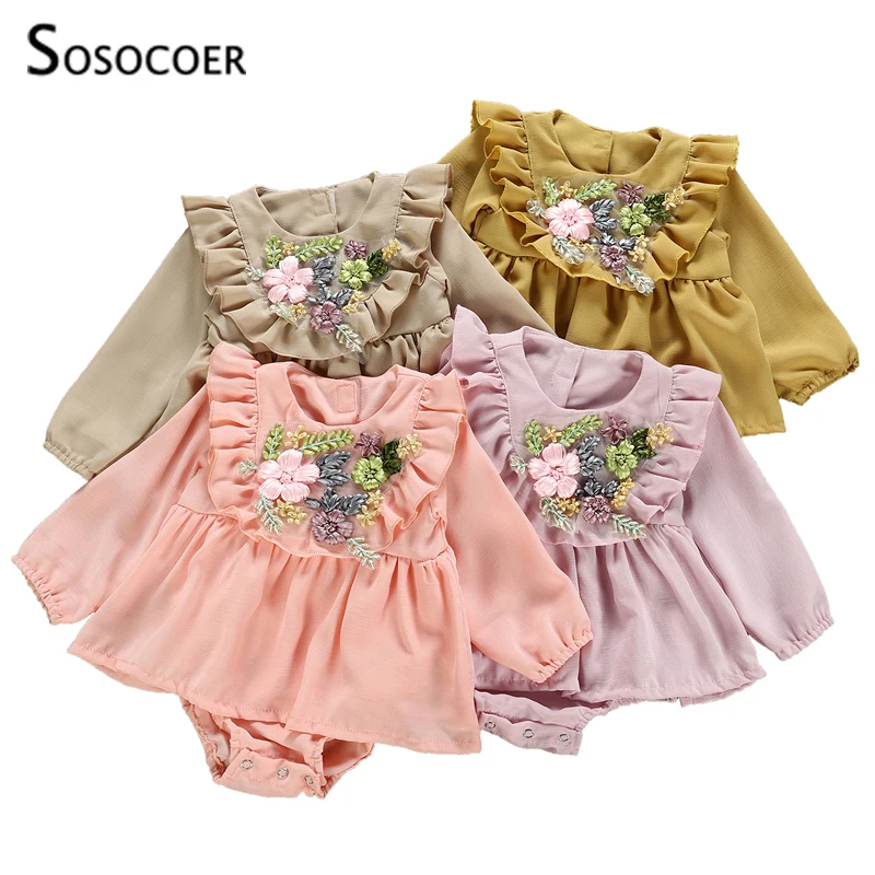 

SOSOCOER Детский комбинезон для девочек, новый модный однотонный комбинезон с оборками для новорожденных, с цветочной вышивкой, Одежда для млад...