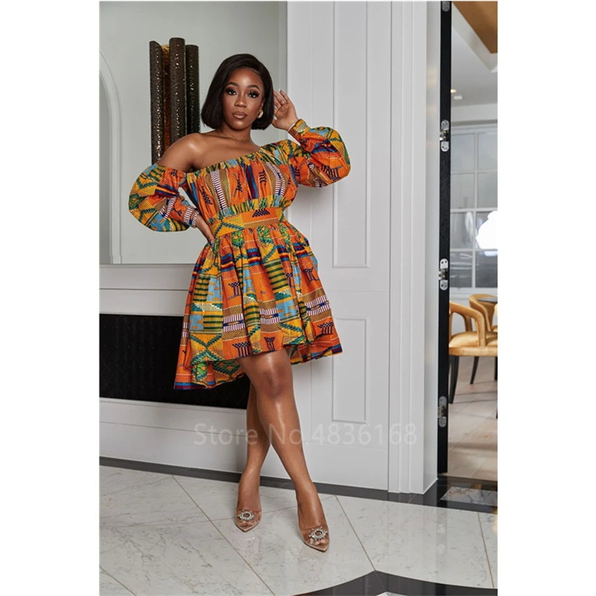 Африканские платья для женщин с длинным рукавом летнее платье наклонным плечом