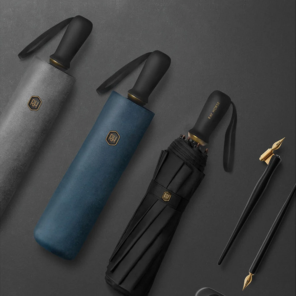 Черный большой складной зонт с тремя ветрозащитными 8 ребрами большие зонты для