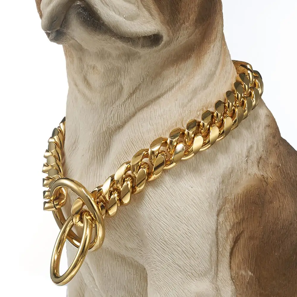 

Cool Heavy Dog Chain 316L Stainless Steel Gold Tone Curb Cuban Dog Chain Pet Collar Choker Necklace For Bulldog Rottweiler 18mm