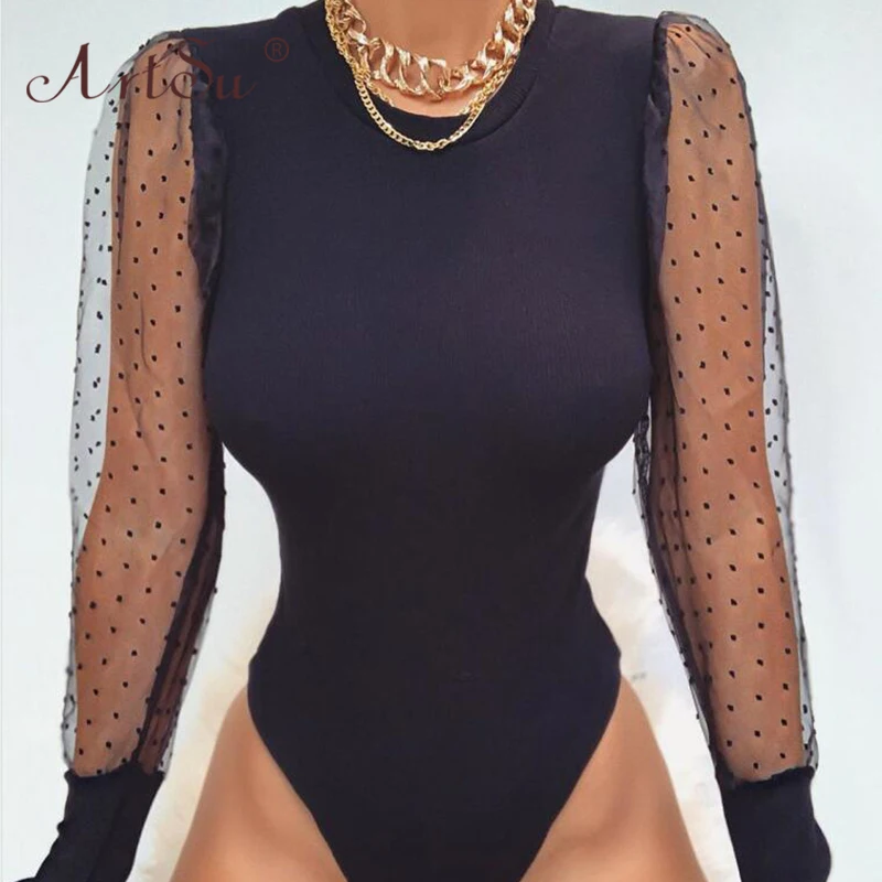 ArtSu Women Sexy Black Bodysuit Streetwear O-Neck Patchwork Long Sleeve Mesh Polka Dot Print Body Top Casual Overalls