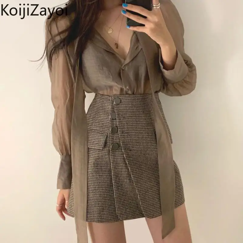 

Элегантный женский комплект из двух предметов Koijizayoi, прозрачная рубашка с длинным рукавом, короткая клетчатая мини-юбка, корейский Костюм, Офисная Женская одежда