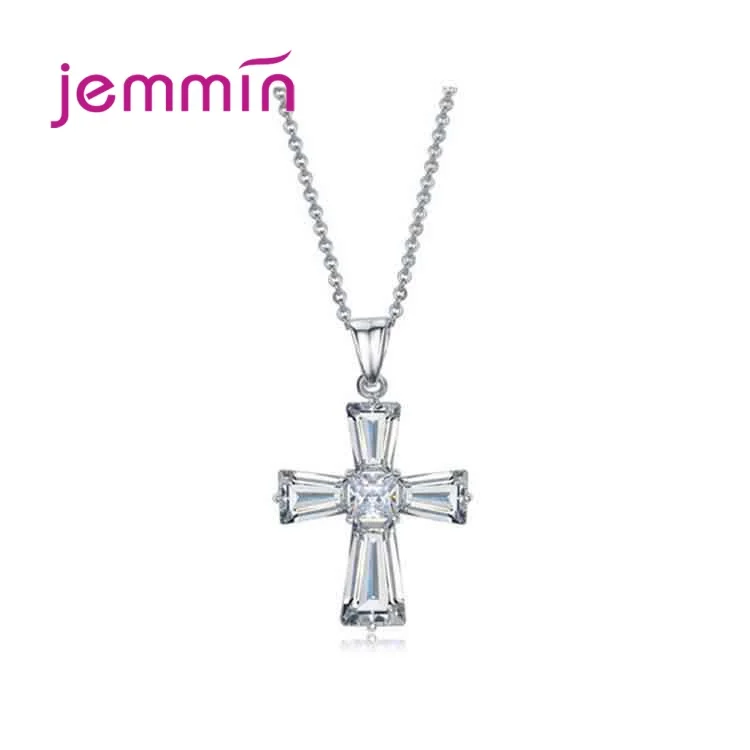 Popular 925 Sterling Silver Necklace Simple Clear Cubic Zircon Inlay Paved Cross Pendant/Chain Religious Style Hip Hop Jewelry | Украшения