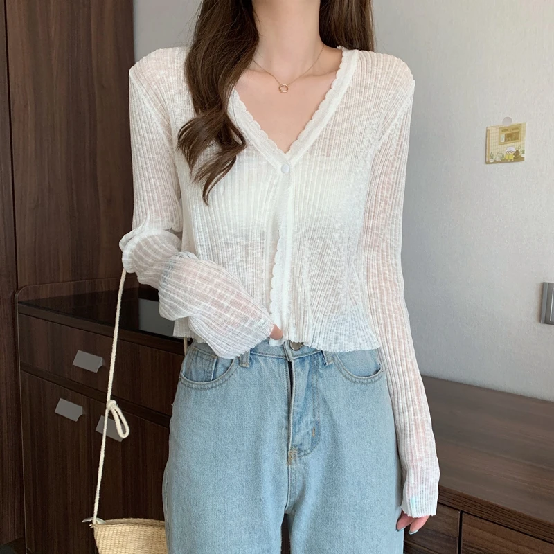

Summer Long Sleeve Knitted Cardigan Thin Sunscreen Stylish Coat Brief Tie Top Female Chamarras De Mujer Women Tops Woman Cloth