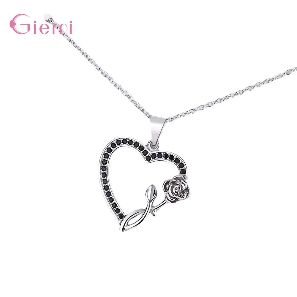 

Newest Design 925 Sterling Silver Heart Rose Pendant Fashion Black Zirconia Classic Wedding Chain Jewelry For Women