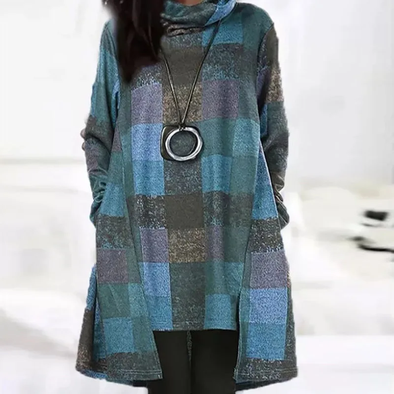 

Elegant Women Plaid Printed A-Line Dress 2021 Spring Fashion O Neck Loose Midi Dresses Autumn Female Long Sleeve Party Vestidos