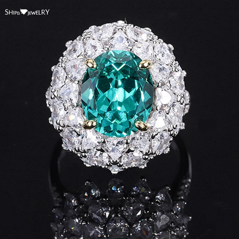 

Shipei Classic 925 Sterling Silver Oval 10*12 MM Paraiba Tourmaline Created Moissanite Gemstone Ring Fine Jewelry Ring Size 5-9