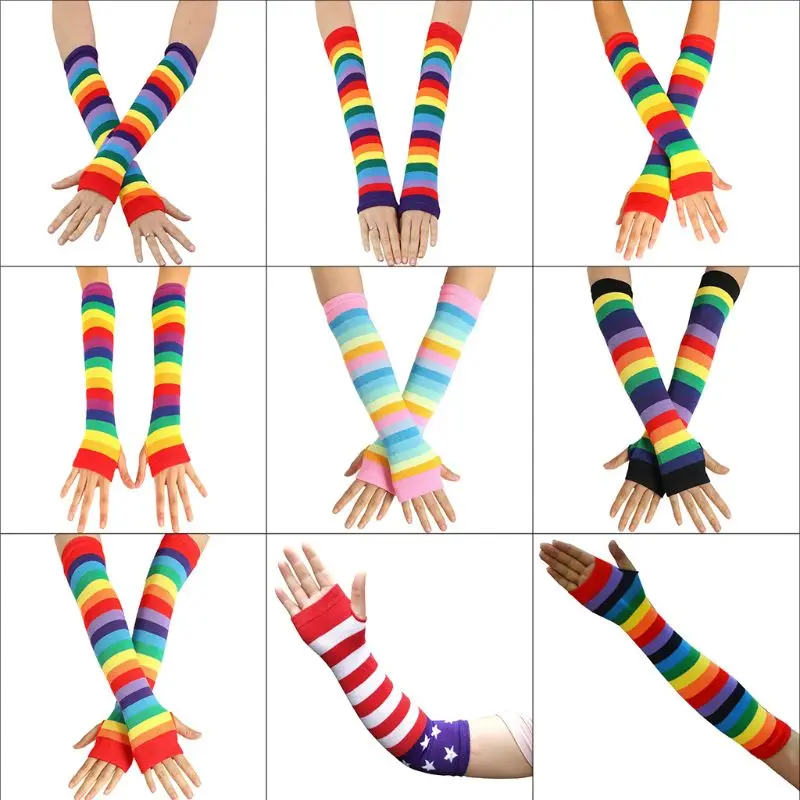 

Women Girl Knitted Over Elbow Long Arm Warmers US Flag Rainbow Stripes Patchwork Fingerless Gloves with Thumb Hole Party Costume