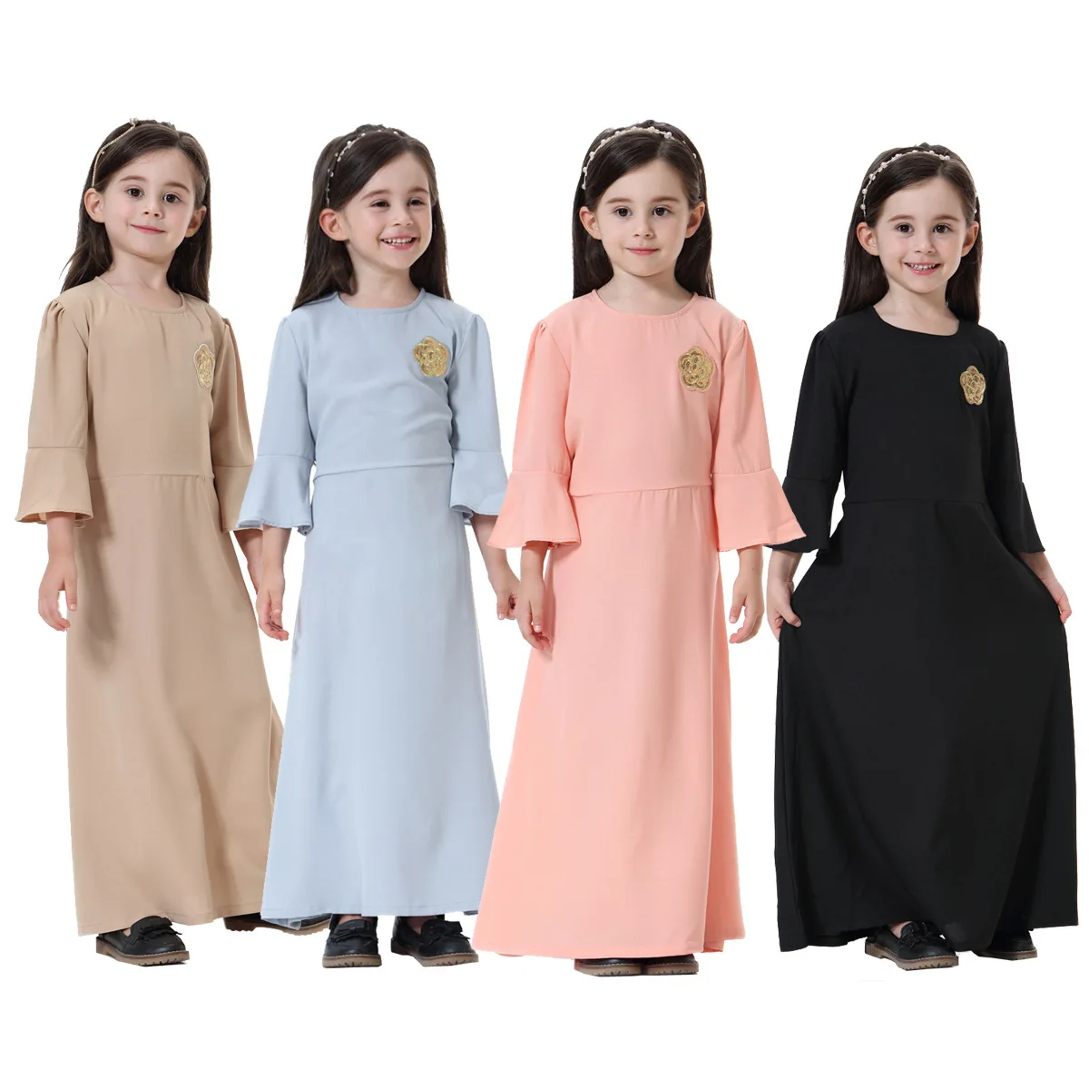 Мусульманские Детские платья Рамадан, мусульманские однотонные платья для девочек, Дубайский турецкий элегантный халат с длинным рукавом, ...