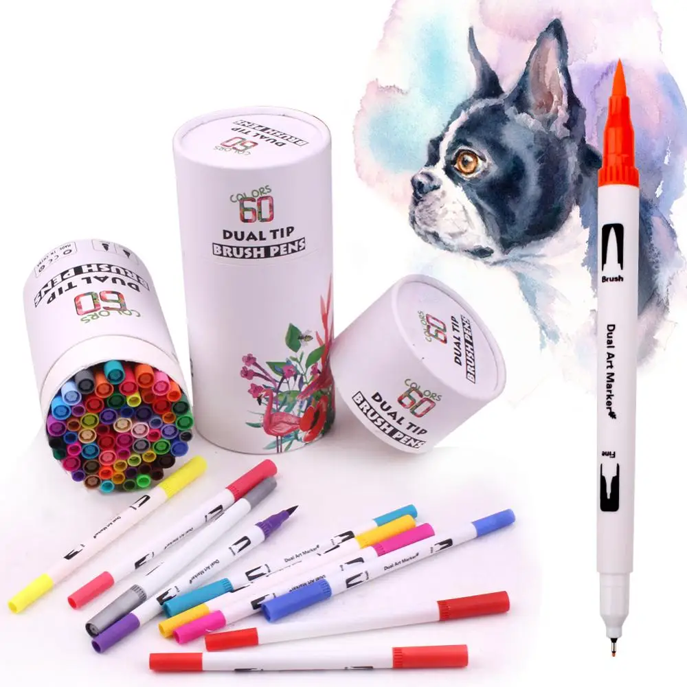 Фломастеры акварельные с двойным наконечником 60 цветов Двусторонние цветные