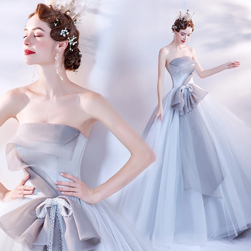 

Classical Ball Gown Strapless Bowknot Beaded Bridesmaid Long Dress Wedding Birthday Party Evening Dresses for Women