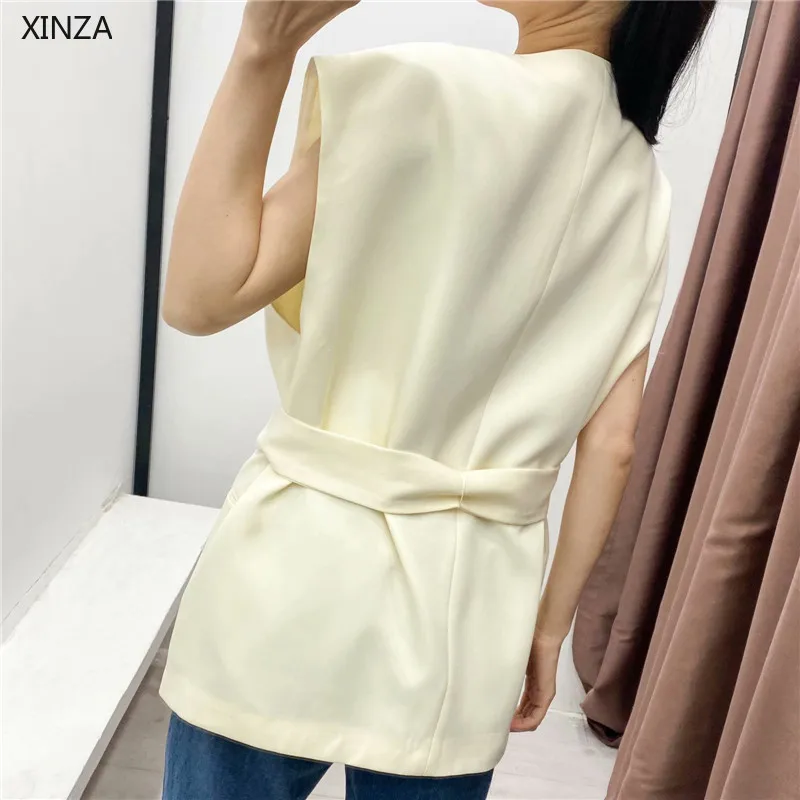 

Women Oversized Belt Vest Za 2021 Spring Sleeveless V Neck Roomy Office Waistcoat Female Chic Double Welt Pockets Outerwear Top