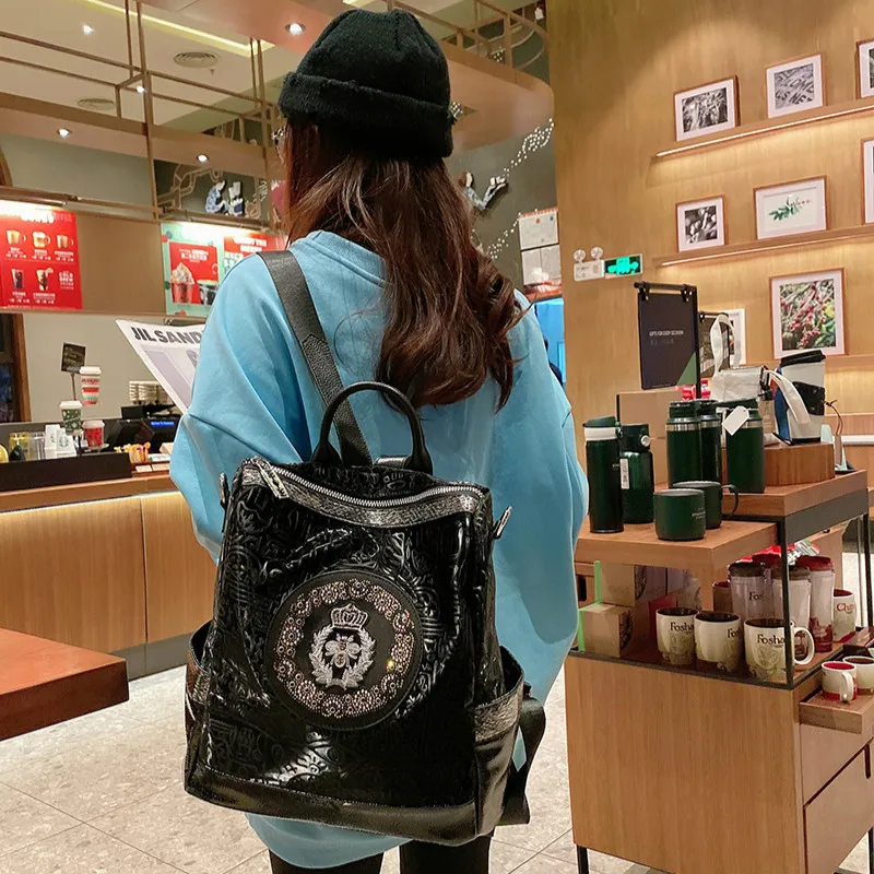 

Fancy Frills Print Women's Backpack Microfiber Synthetic Leather Black Shoulder Bag Travel School