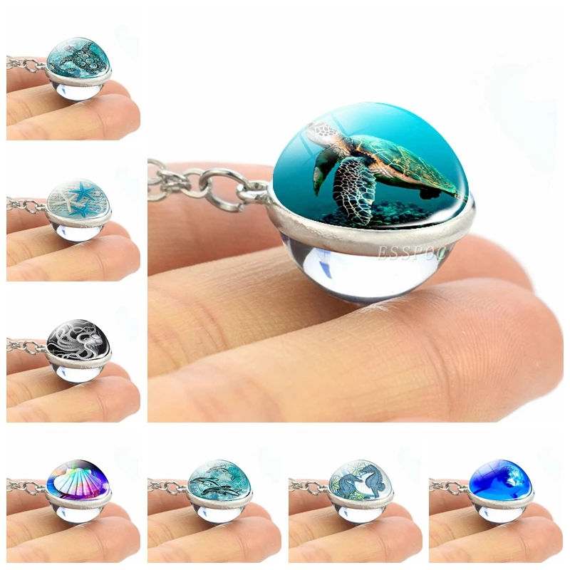 

Ocean Jewelry Glass Ball Necklace Starfish Turtle Seashell Octopus Dolphin Charm Blue Sea Sphere Crystal Pendant