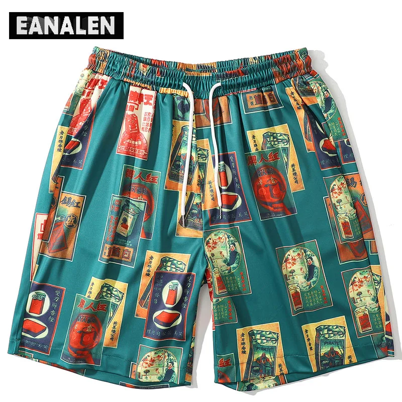 

2021 summer men's casual sports short sleeve cigarette graphic beach pants short Harajuku Street retro drawstring shorts