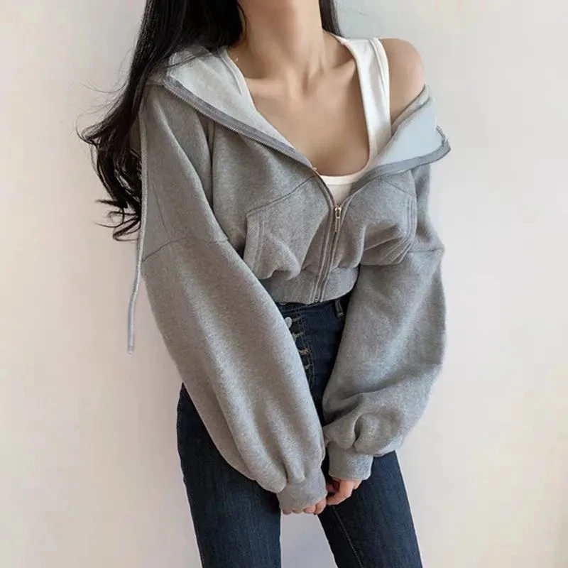 

Suede hooded zipper sweater women's long-sleeve loose short cardigan jacket women Hoodie Harajuku Streetwear Vintage sweatshirt