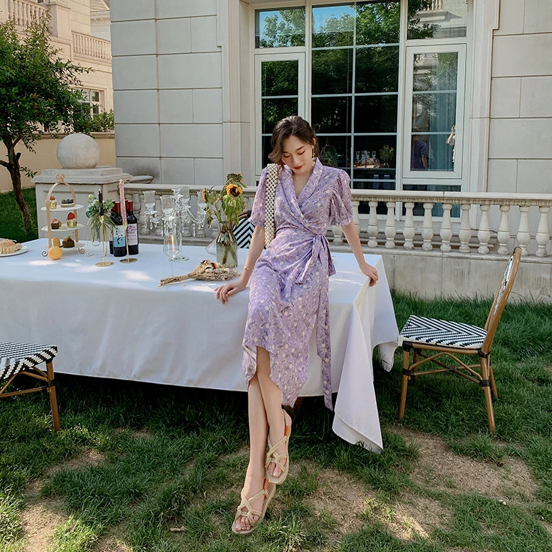 

Beach skirt women's French retro wrap dress dandelion Purple Floral Dress Platycodon skirt waist break skirt summer
