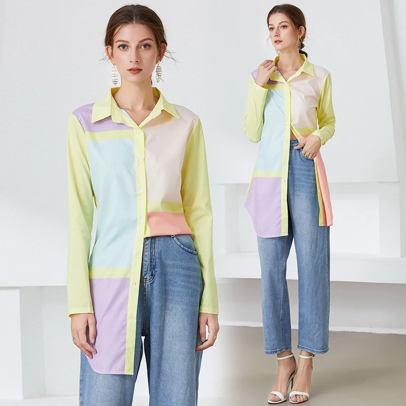 

Simgent Long Blouse Dress Women Long Sleeve Color Block Casual Shirts Top Woman Clothing 2021 New Autumn SG1937