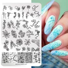 Трафарет NICOLE DIARY для стемпинга ногтей, большие прямоугольные пластины с текущими линиями, цветами, листьями, художественным рисунком лица