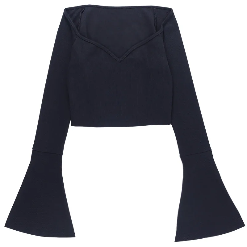 

Autumn New Ins Trumpet Sleeve Sexy Open Navel Large V-Neck Long Sleeve T-shirt For t shirt Women harajuku streetwear