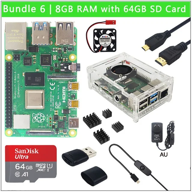 

Raspberry Pi 4 Model B 2 ГБ/4 ГБ/8 ГБ ОЗУ + чехол + вентилятор + теплоотвод + адаптер питания + SD-карта 32/64 ГБ + Кабель Micro HDMI вилка стандарта Австралии