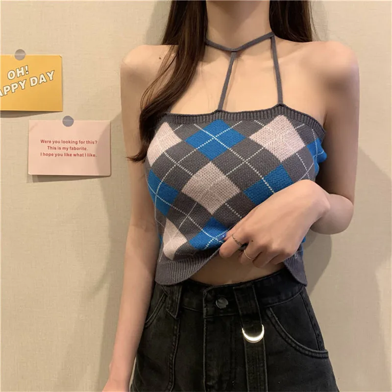

Retro plaid halter camisole women with fashion design sense, summer 2021 new sexy short top