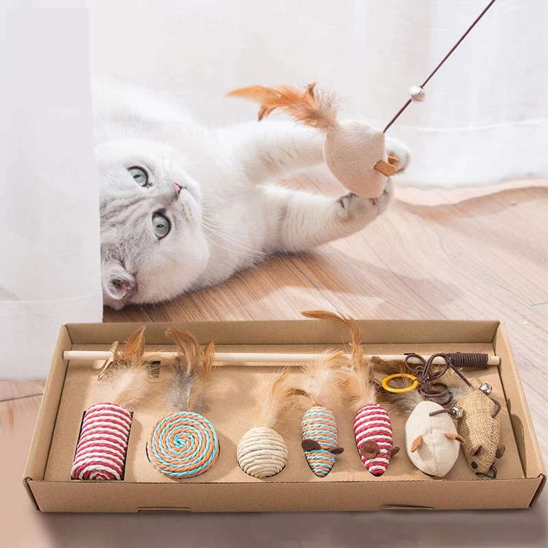 

7Pcs/set Pet Cat Toy Hemp Rope Interactive Stick Funny Cats Toys Kitten Mouse Fishing Game Wand Feather Pet Supplies Accessory