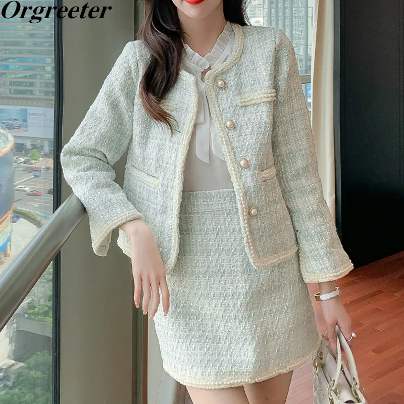 

Fall Light Green Tweed Suits for Women Korean Fashion Beaded Woven Woolen Single-breasted Jacket Coat + Skirt 2 Piece Set Female