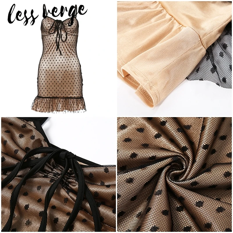 Женское Короткое платье в горошек lessverge черное Сетчатое с рюшами и открытой