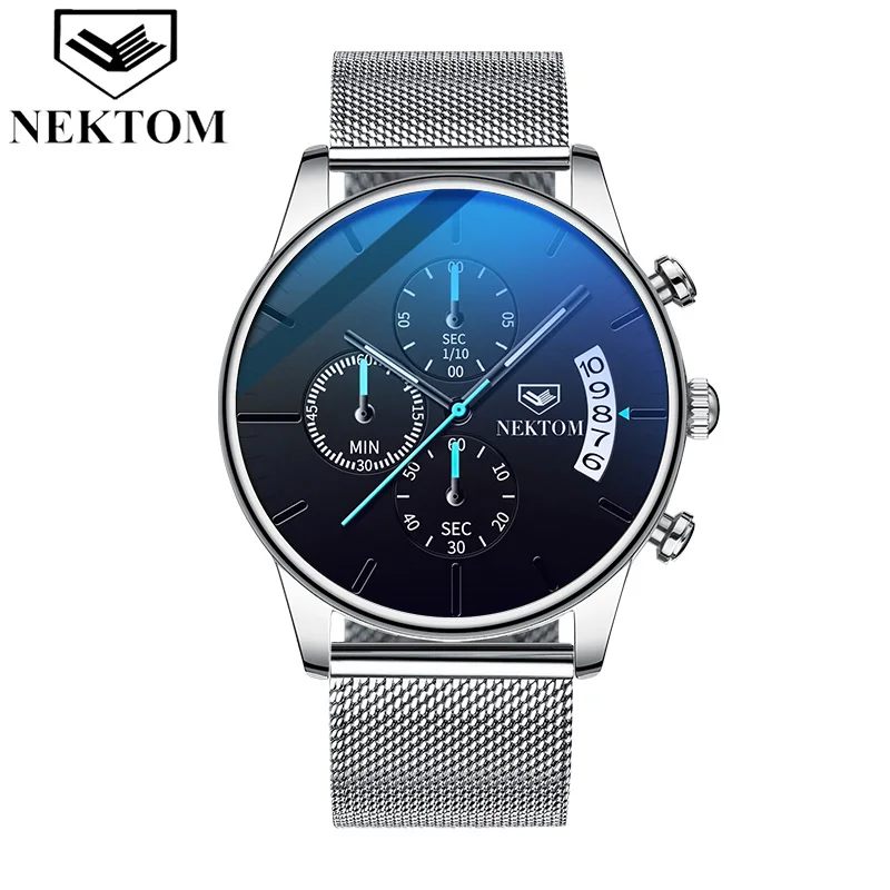 Mesh silver Часы с хронографом, спортивные мужские s часы, лучший бренд, Роскошные водонепроницаемые полностью стальные светящиеся кварцевые часы для мужчин, Relogio Masculino - Color: Mesh silver