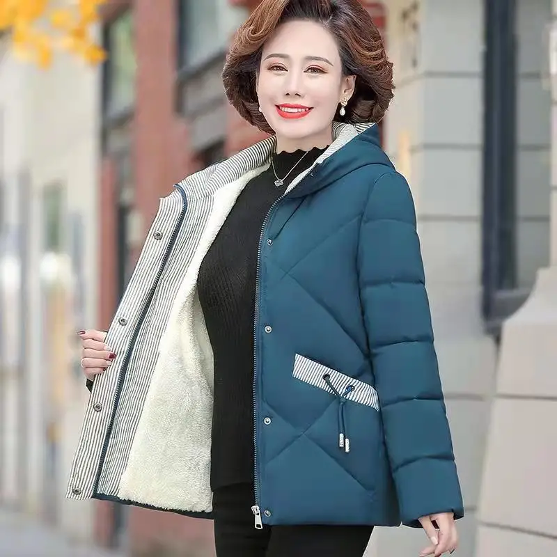 Fdfklak Middle-Aged Elderly Down Cotton Mother Gift Winter Coat New 5XL Plus Velvet Zipper Jacket Women Oversized Fleece Hoodie