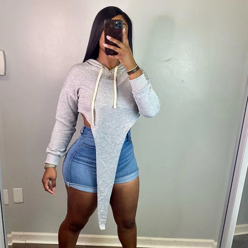 BOOFEENAA Solid Trendy Hoodies Casual Asymmetric Long Sleeve Crop Top T Shirt Streetwear Women Sweetshirts Wholesale C85-CZ29