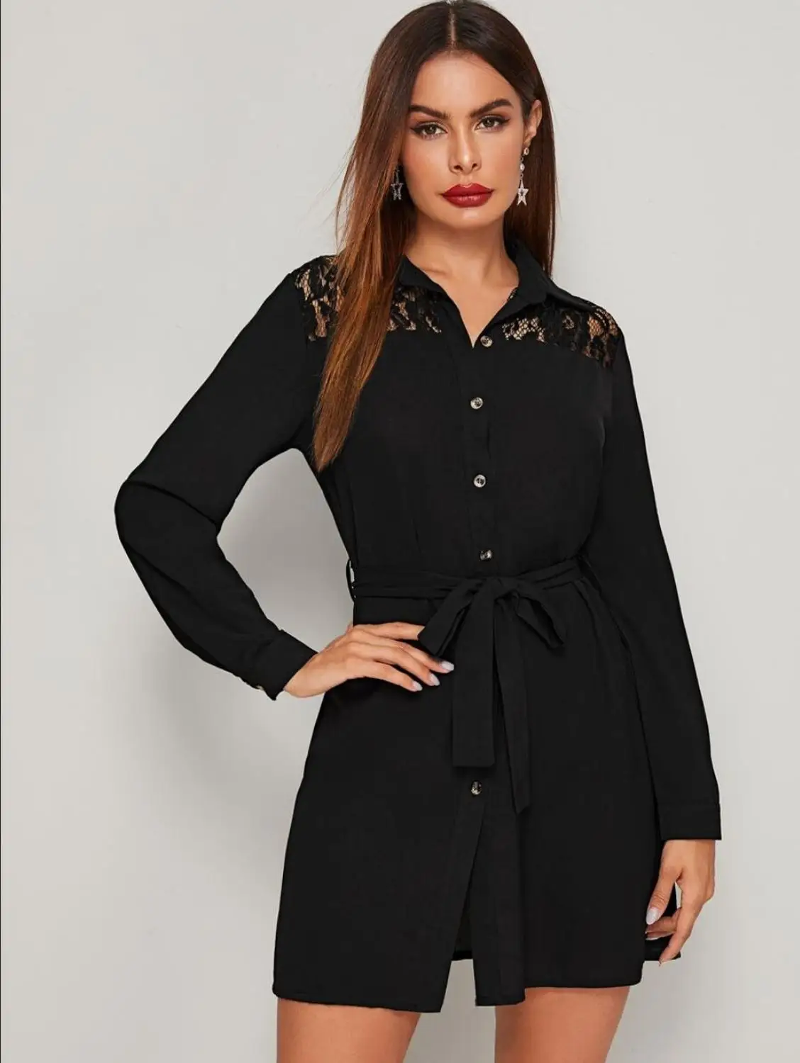 

Женская кружевная рубашка Linglewei, на весну и лето, однобортная рубашка средней длины с длинным рукавом и поясом