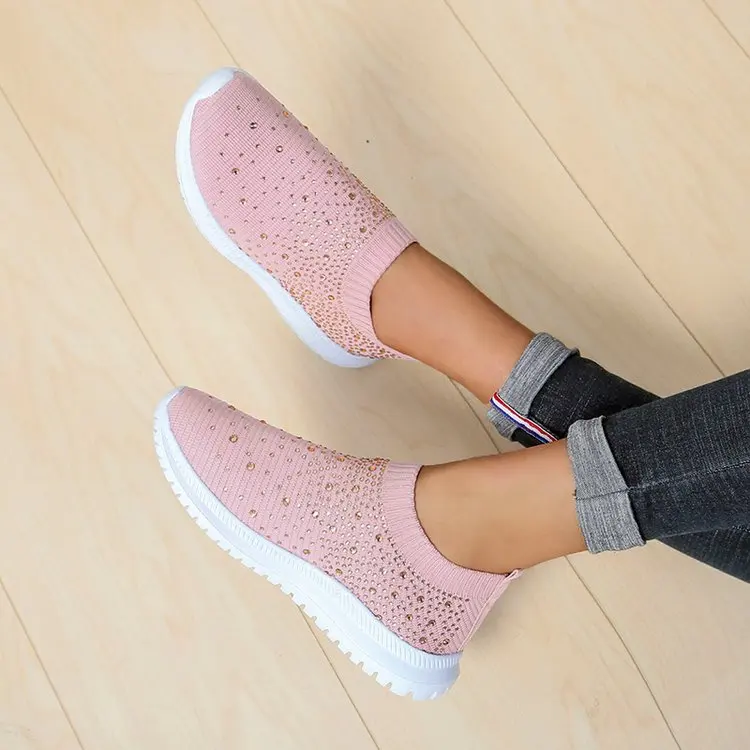 black women casual shoes 2019 sneakers fashion rhinestone breathable mesh platform white sport woman soft footwears | Обувь