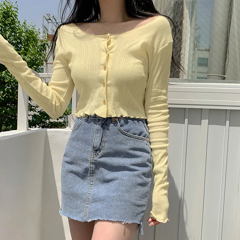 

Stringy Selvedge Slim Women Long Sleeve Shirt Autumn New Round Neck Buttoned Short Top Sexy Cute Solid Women Cardigan Short Top