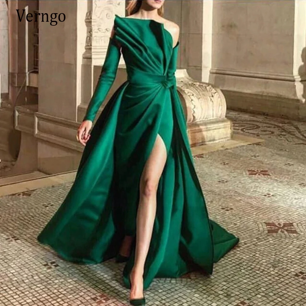 

Verngo Green Satin Vintage Evening Dress Off the shoulder Long Dress Formal Dress With Long Sleeve Vestido De festa Longo