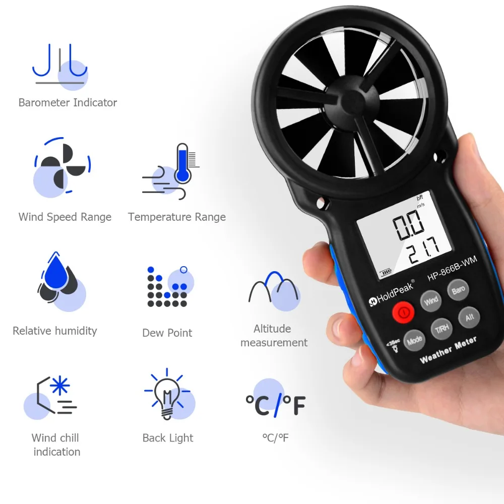 Anemómetro HoldPeak HP-866B-WM, Anemómetro Digital, taza, 30 m/s, LCD, herramienta de medida de mano, humedad del aire
