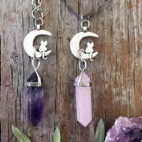 2pcsset cat crystal necklace cat moon crystal necklace cat on moon necklacekitty crystal pink quartzcat on moon necklace