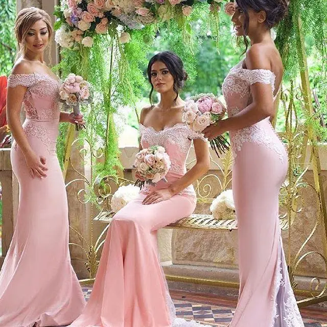 

Недорогое розовое платье подружки невесты es 2, кружевное платье с открытыми плечами и аппликацией, платье подружки невесты с юбкой-годе и пу...