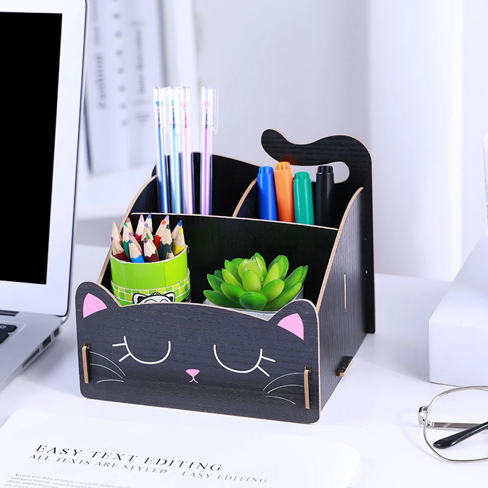 

Creative Wood Desk Office Organizer Storage Pen Holder Desktop Pencil Sundries Stationery Badge Box Cute Desk Accessories