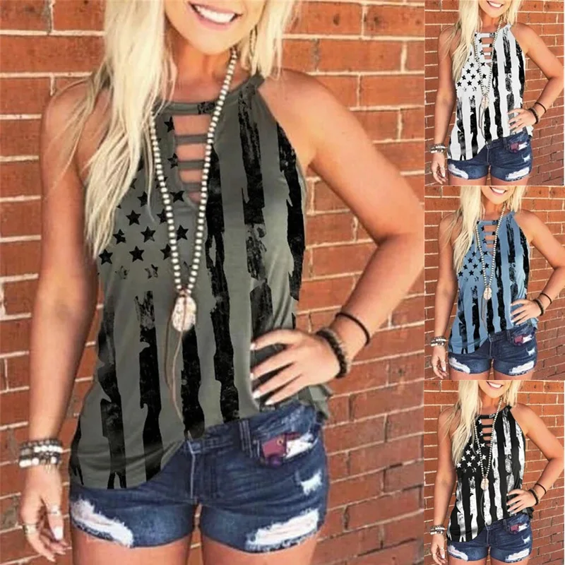 

2021 Summer New Women Fashion Sexy Sleeveless Tank Top Star Print Hollow Out Women Cotton T-shirts Ladies Vest Plush Size S-5XL