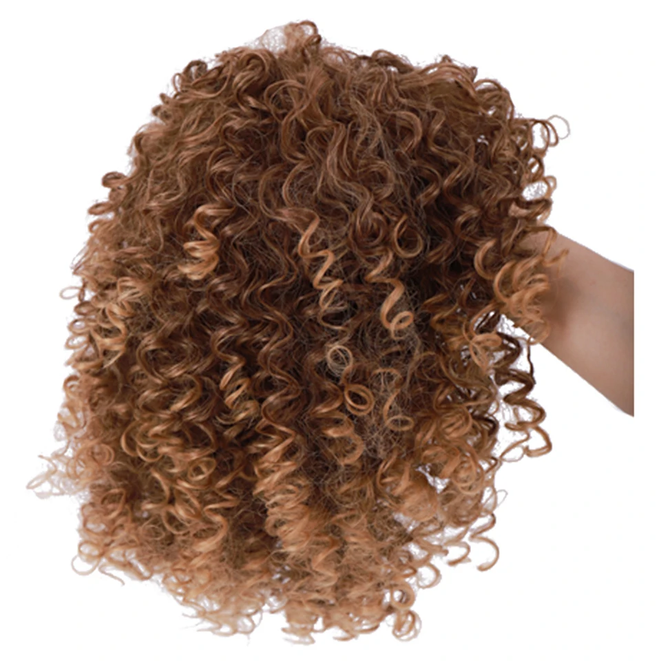 MUMUPI Fashion 12 Inch Synthetic hair wig Brown Hair Afro Kinky Curly Pre Plucked Wig with Bangs for Black Women