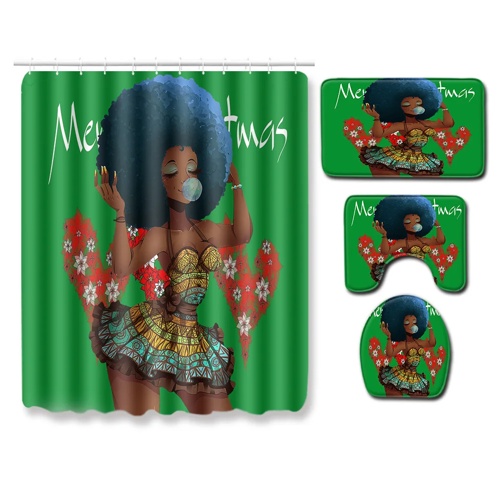 

Christmas Bathroom Curtain African Shower Curtain 4pcs Toilet Mat Set Non-slip Bathroom Doormat Shower Mat Toilet Cover Seat Mat