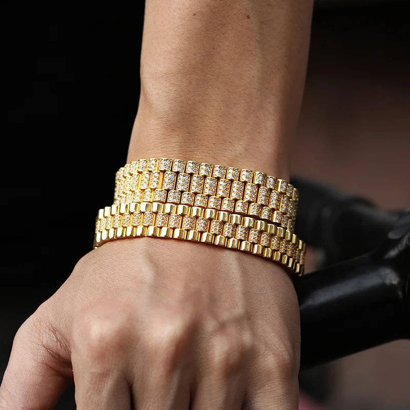 Hip Hop AAA CZ Stone Paved Bling Iced Out Watch Band Link Chain Bracelets Bangle for Men Rapper Jewelry Drop Shipping Gold