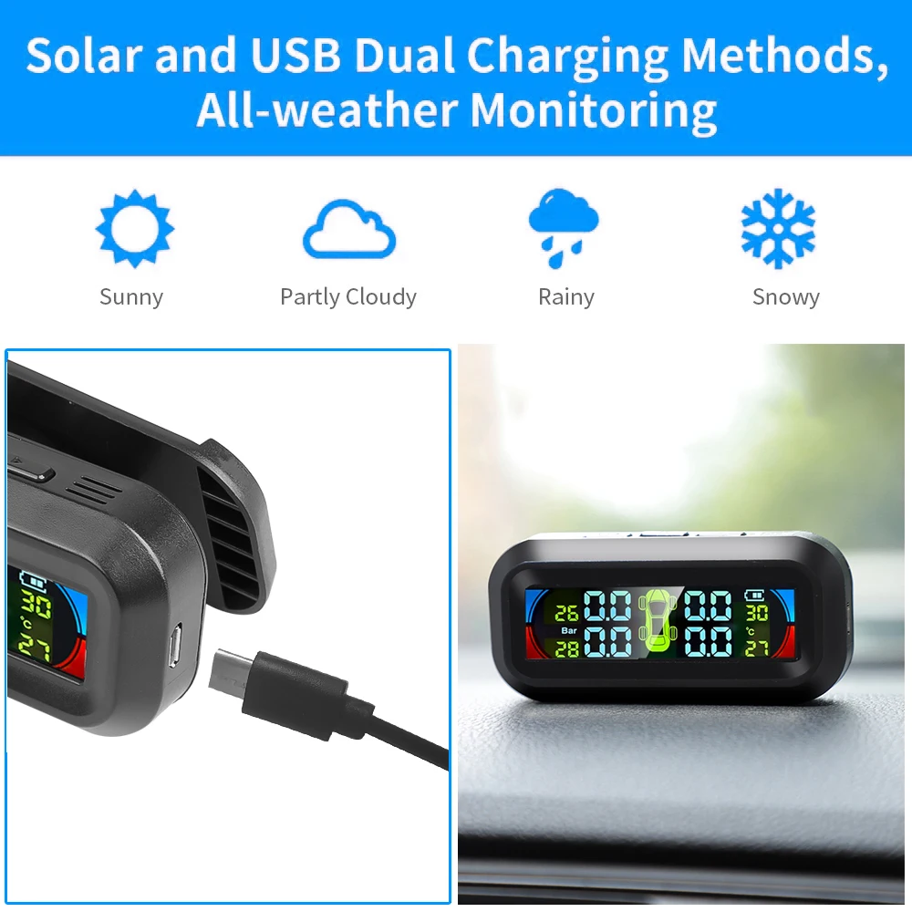 

Color Screen Tpms Wireless Tire Pressure Temperature Alarm Monitoring System Solar Charging Built-In External Four Sensors