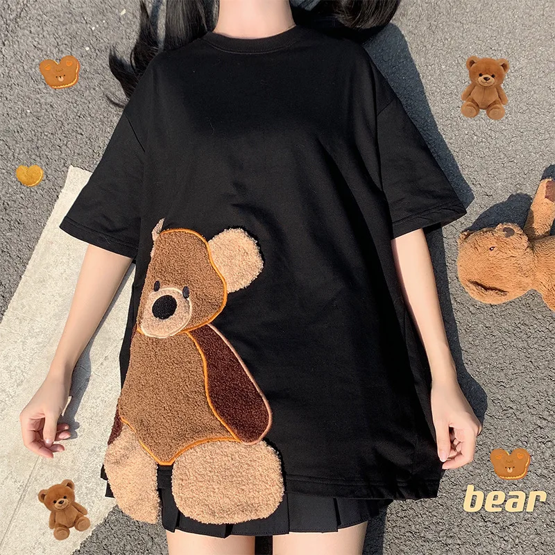 

2021 Summer Cotton mid length loose 3D bear embroidered short sleeve T-shirt