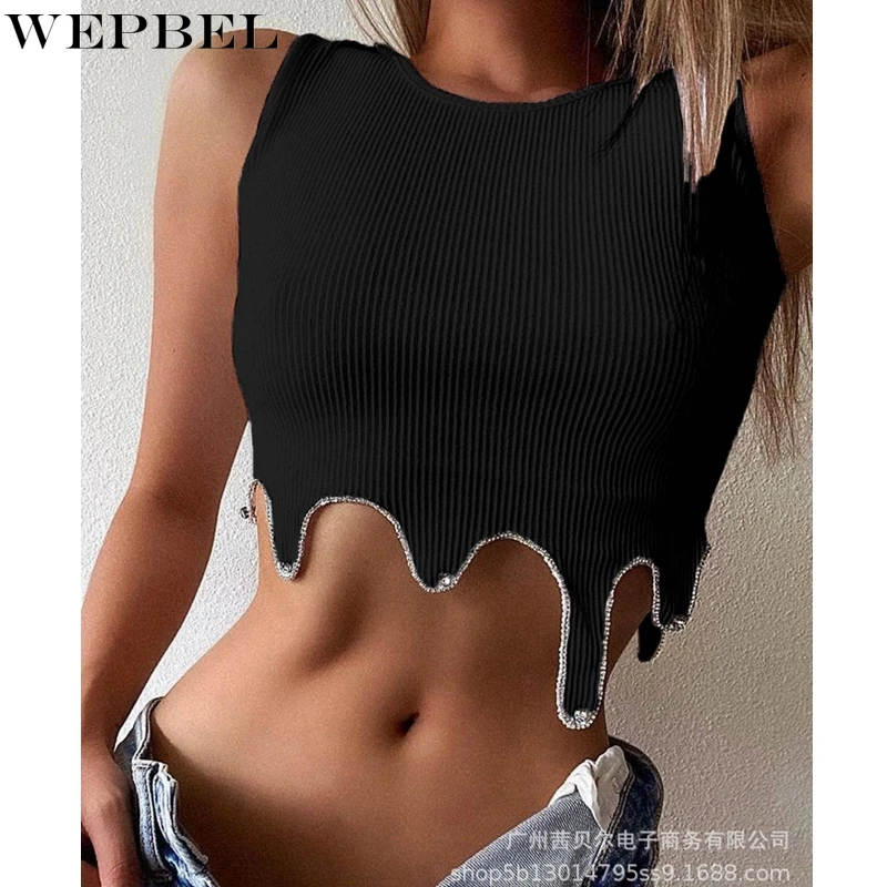 

WEPBEL T-shirt Women's Sexy Slim Fit Irregular T-shirt Top Summer Solid Color O-Neck Sleeveless Spaghetti Strap T-shirt
