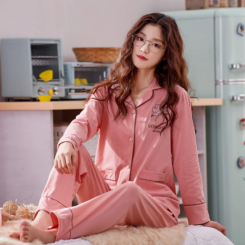Зимние пижамы из 100% хлопка для женщин 2 шт. отдыха розовые дам домашняя одежда