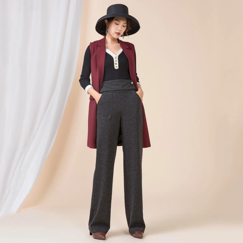 Женские шерстяные брюки с широкими штанинами высокой талией большие размеры |